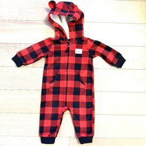 Carters One Piece Red Black Plaid Hooded Zip Up "Little Scout" 6 Month